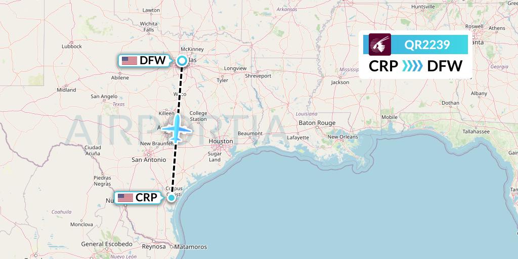 QR2239 Qatar Airways Flight Map: Corpus Christi to Dallas