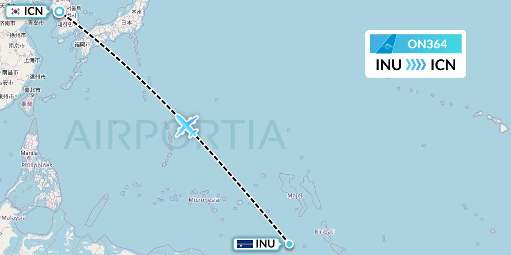 ON364 Nauru Airlines Flight Map: Yaren District to Seoul