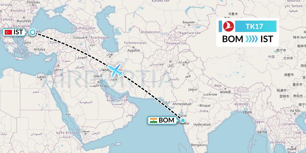 TK17 Turkish Airlines Flight Map: Mumbai to Istanbul