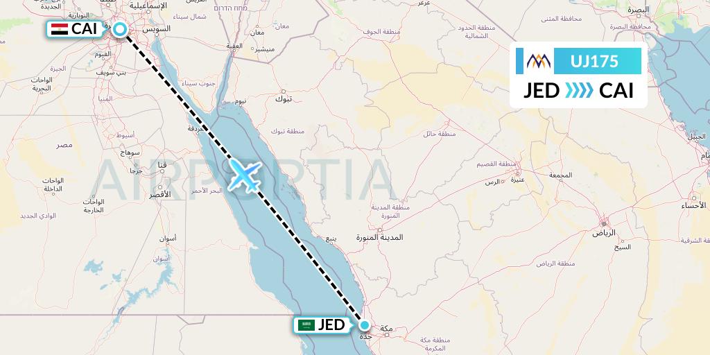 UJ175 AlMasria Universal Airlines Flight Map: Jeddah to Cairo