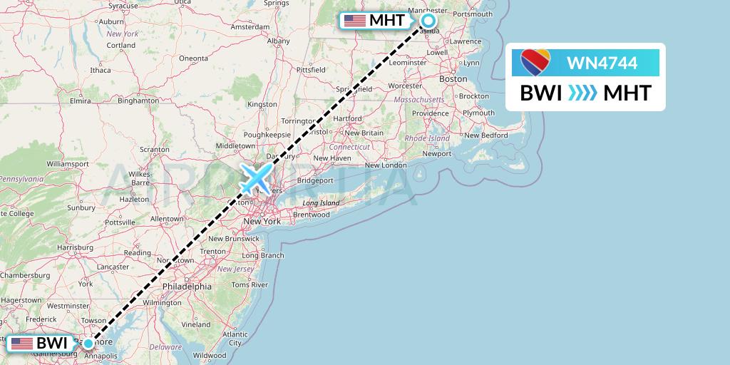 WN4744 Southwest Airlines Flight Map: Baltimore to Manchester
