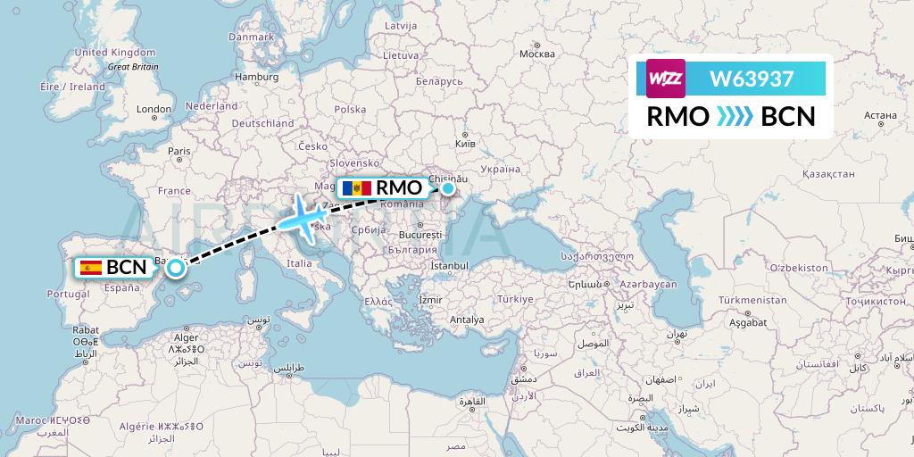 W63937 Wizz Air Flight Map: Chisinau to Barcelona