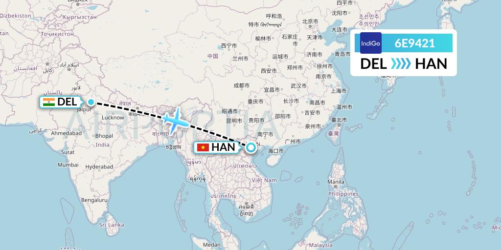 6E9421 IndiGo Airlines Flight Map: Delhi to Hanoi