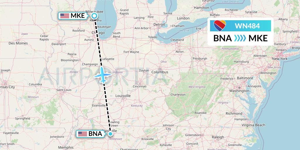 WN484 Southwest Airlines Flight Map: Nashville to Milwaukee