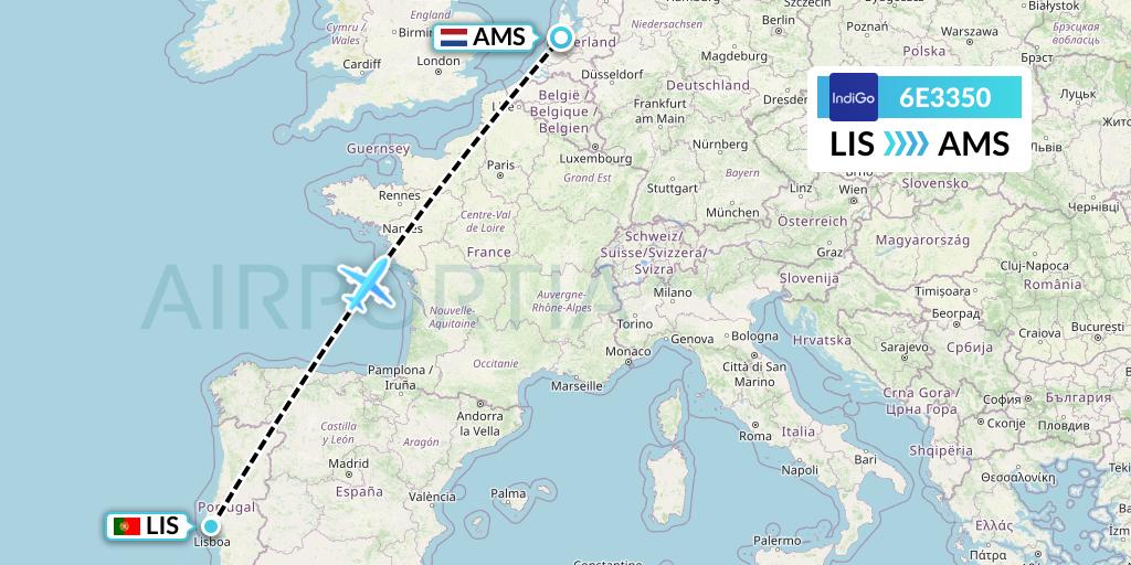 6E3350 IndiGo Airlines Flight Map: Lisbon to Amsterdam