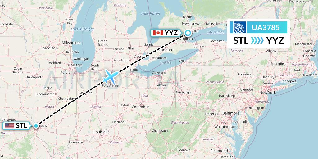 UA3785 United Airlines Flight Map: St. Louis to Toronto