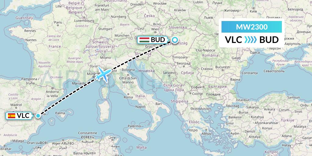 MW2300 Mokulele Flight Service Flight Map: Valencia to Budapest