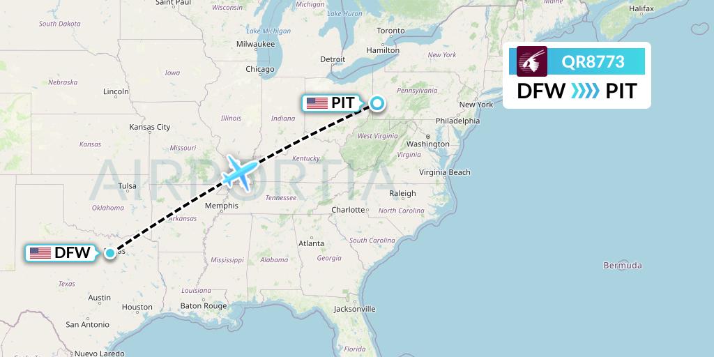 QR8773 Qatar Airways Flight Map: Dallas to Pittsburgh