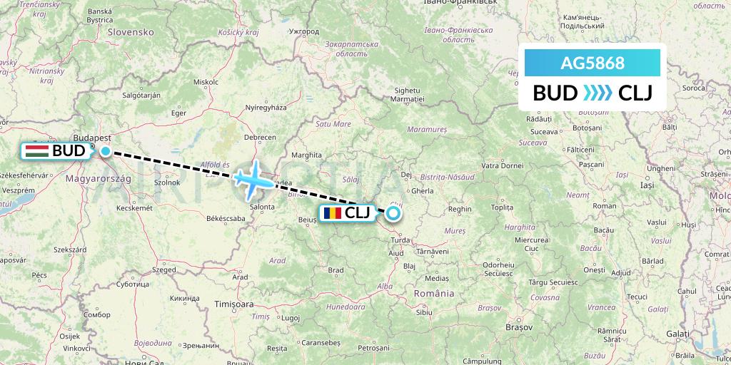 AG5868 Aruba Airlines Flight Map: Budapest to Cluj-Napoca