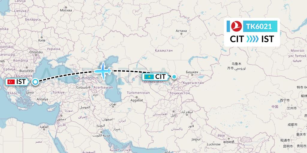 TK6021 Turkish Airlines Flight Map: Shymkent to Istanbul