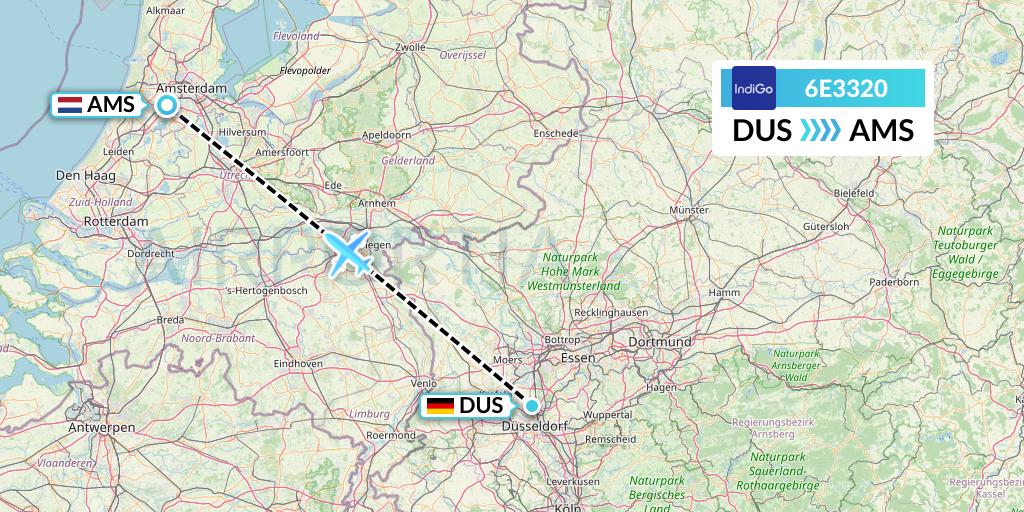 6E3320 IndiGo Airlines Flight Map: Dusseldorf to Amsterdam