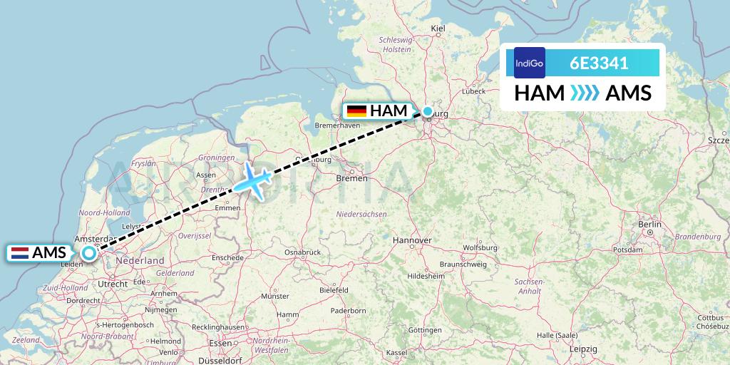 6E3341 IndiGo Airlines Flight Map: Hamburg to Amsterdam