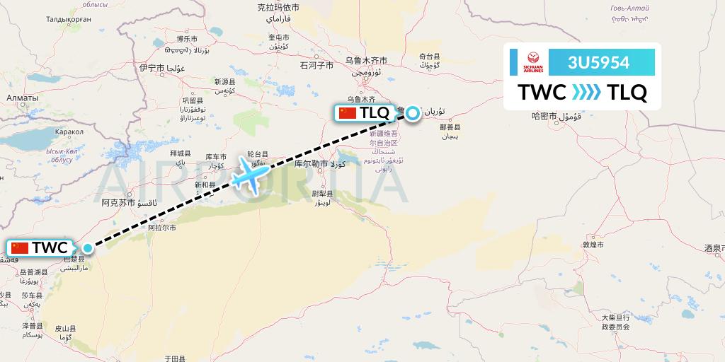 3U5954 Sichuan Airlines Flight Map: Kashgar to Turpan