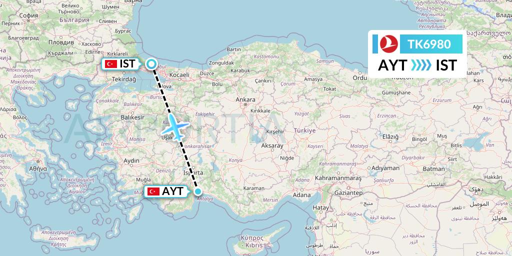 TK6980 Turkish Airlines Flight Map: Antalya to Istanbul