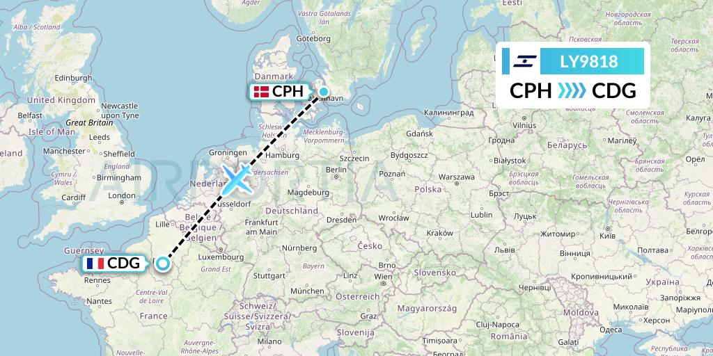 LY9818 El Al Flight Map: Copenhagen to Paris