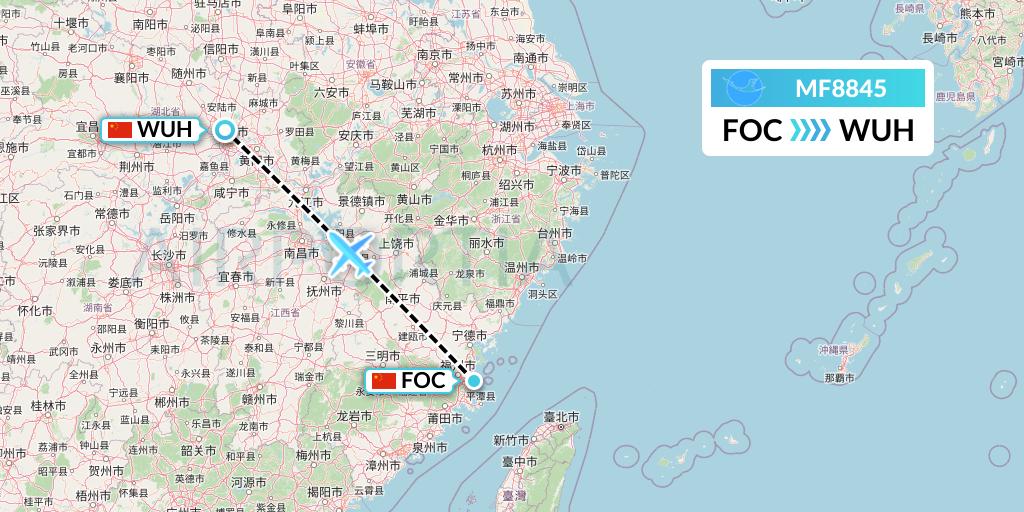 MF8845 Xiamen Airlines Flight Map: Fuzhou to Wuhan