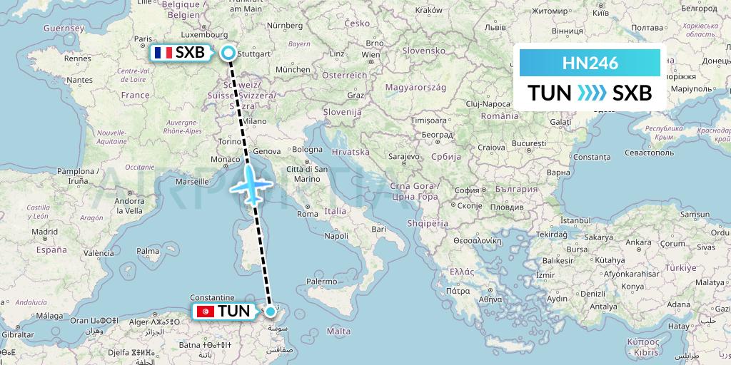 HN246 Uab Heston Airlines Jsc Heston Airl Flight Map: Tunis to Strasbourg