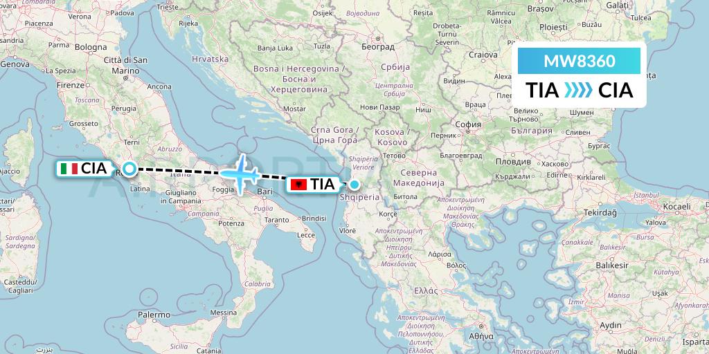 MW8360 Mokulele Flight Service Flight Map: Tirana to Rome