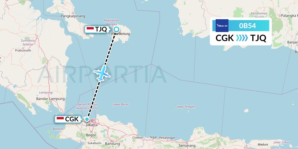 0B54 Blue Air Flight Map: Jakarta to Tanjung Pandan