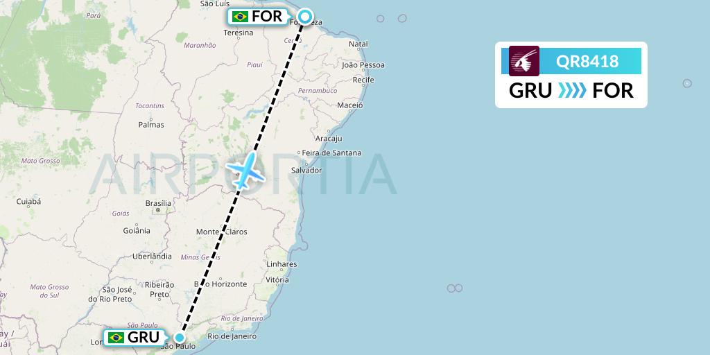 QR8418 Qatar Airways Flight Map: Sao Paulo to Fortaleza