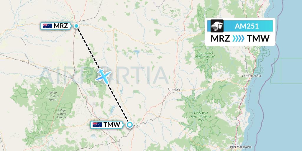 AM251 Aeromexico Flight Map: Moree to Tamworth