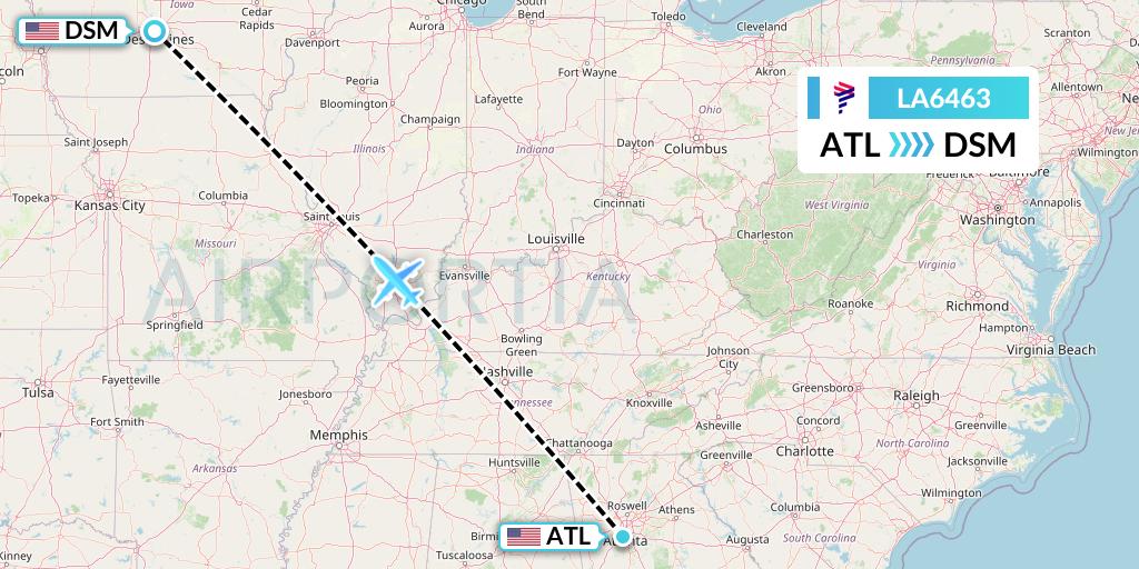 LA6463 LAN Airlines Flight Map: Atlanta to Des Moines