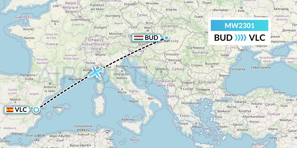 MW2301 Mokulele Flight Service Flight Map: Budapest to Valencia