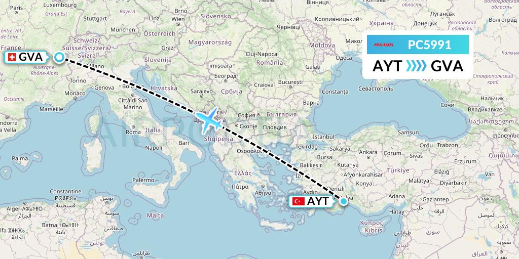 PC5991 Pegasus Airlines Flight Map: Antalya to Geneva