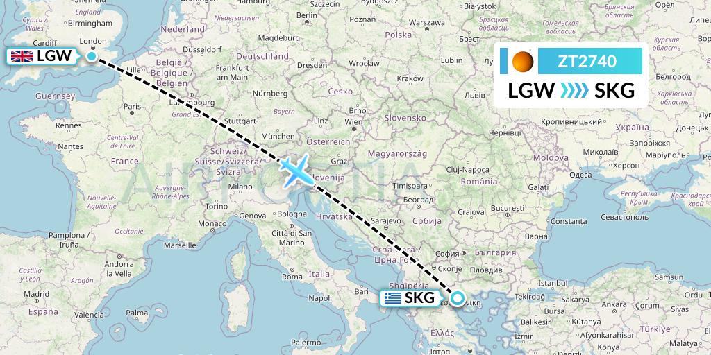 ZT2740 Titan Airways Flight Map: London to Thessaloniki