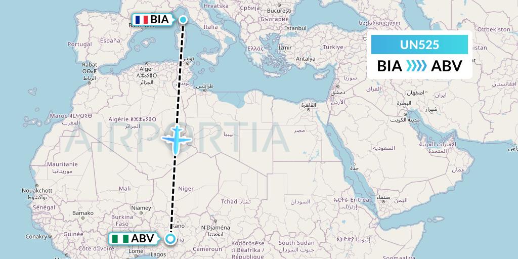 UN525 United Nigeria Airlines Flight Map: Bastia to Abuja