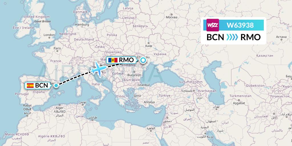 W63938 Wizz Air Flight Map: Barcelona to Chisinau