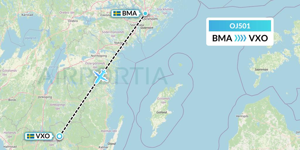 OJ501 NyxAir Flight Map: Stockholm to Vaxjo