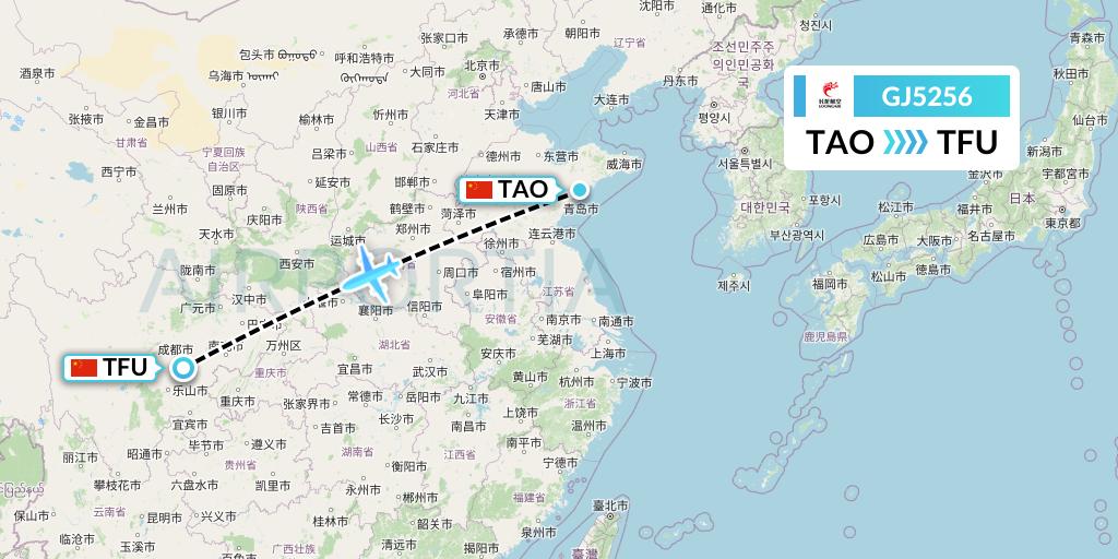 GJ5256 Loong Airlines Flight Map: Qingdao to Chengdu