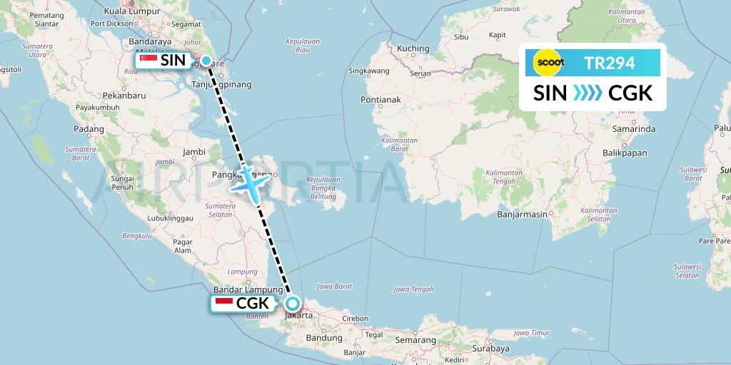 TR294 Tigerair Flight Map: Singapore to Jakarta