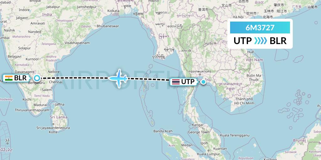 6M3727 Air Minas Flight Map: Rayong to Bangalore