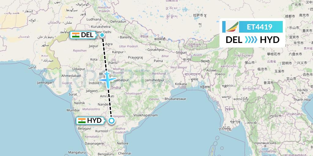 ET4419 Ethiopian Airlines Flight Map: Delhi to Hyderabad