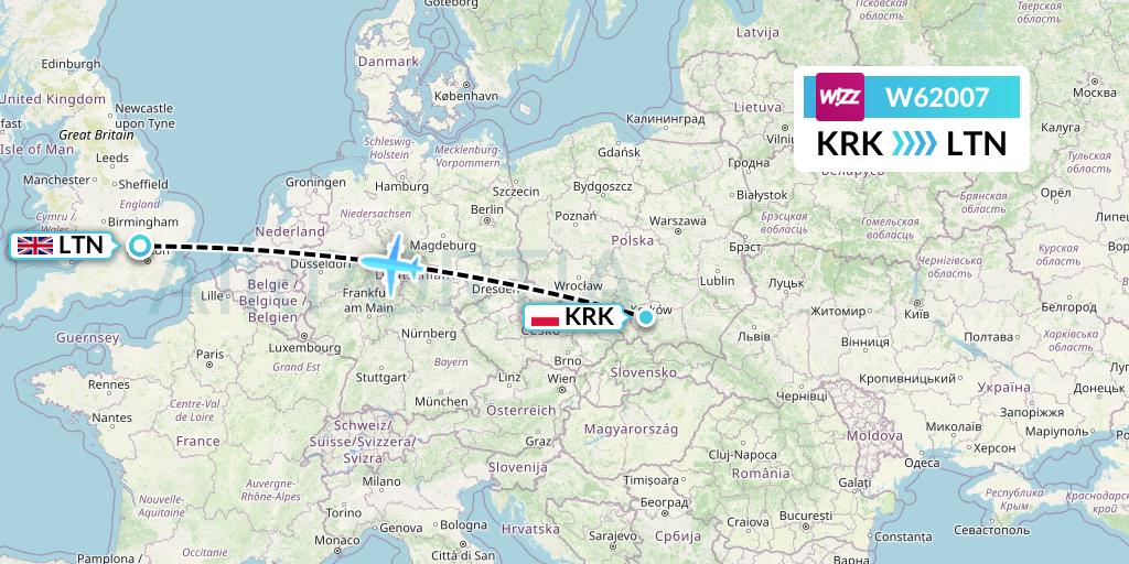 W62007 Wizz Air Flight Map: Krakow to London