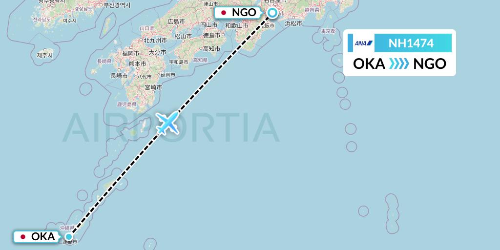 NH1474 All Nippon Airways Flight Map: Naha to Nagoya