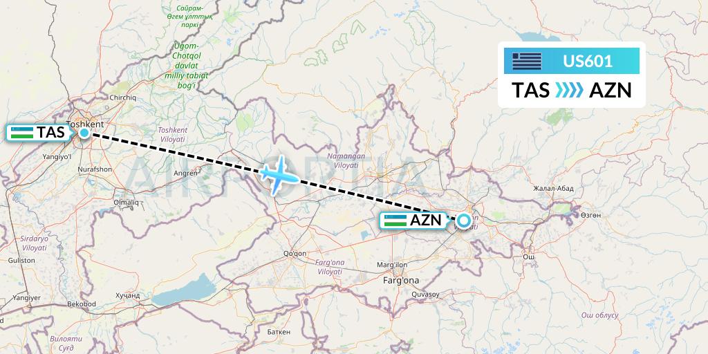 US601 US Airways Flight Map: Tashkent to Andizhan