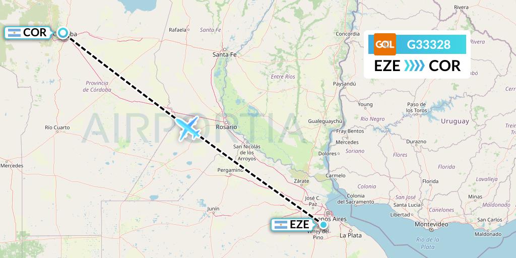 G33328 GOL Transportes Aeros Flight Map: Buenos Aires to Cordoba