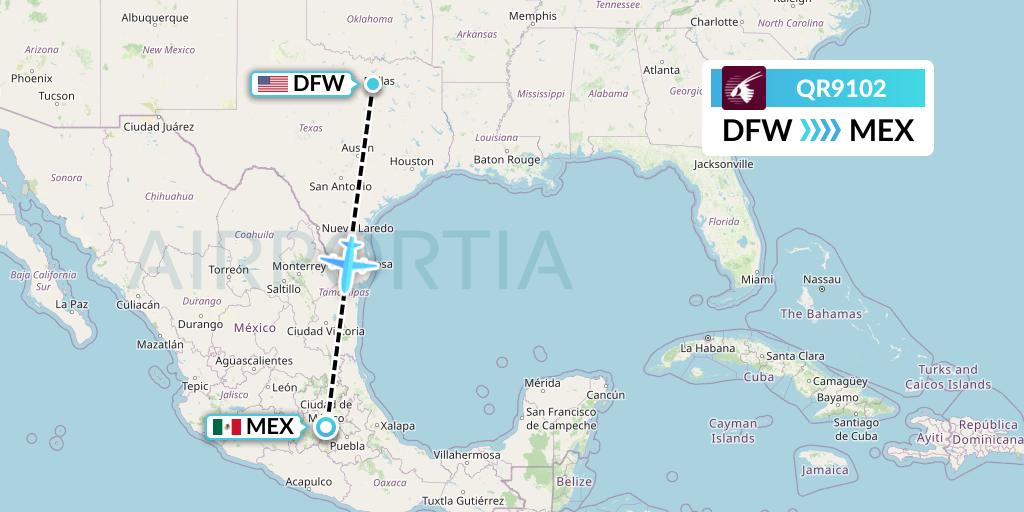 QR9102 Qatar Airways Flight Map: Dallas to Mexico City