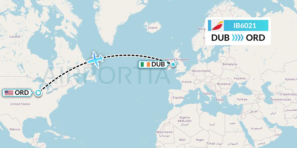 IB6021 Iberia Flight Map: Dublin to Chicago