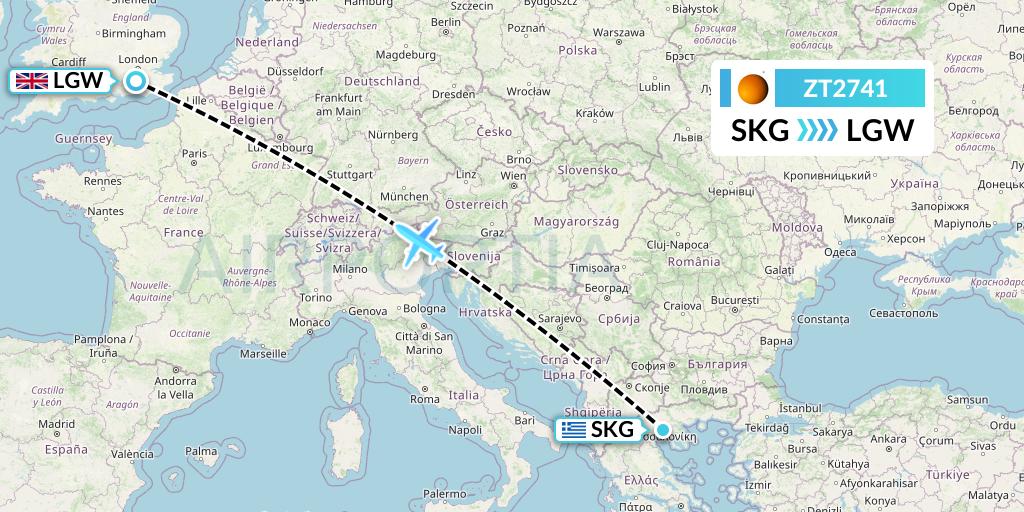 ZT2741 Titan Airways Flight Map: Thessaloniki to London