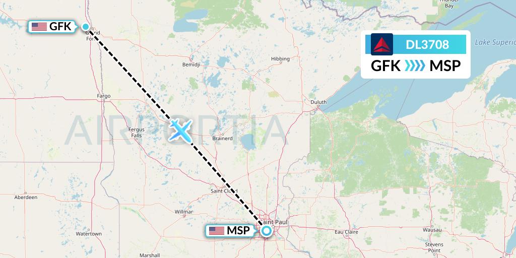 DL3708 Delta Air Lines Flight Map: Grand Forks to Minneapolis