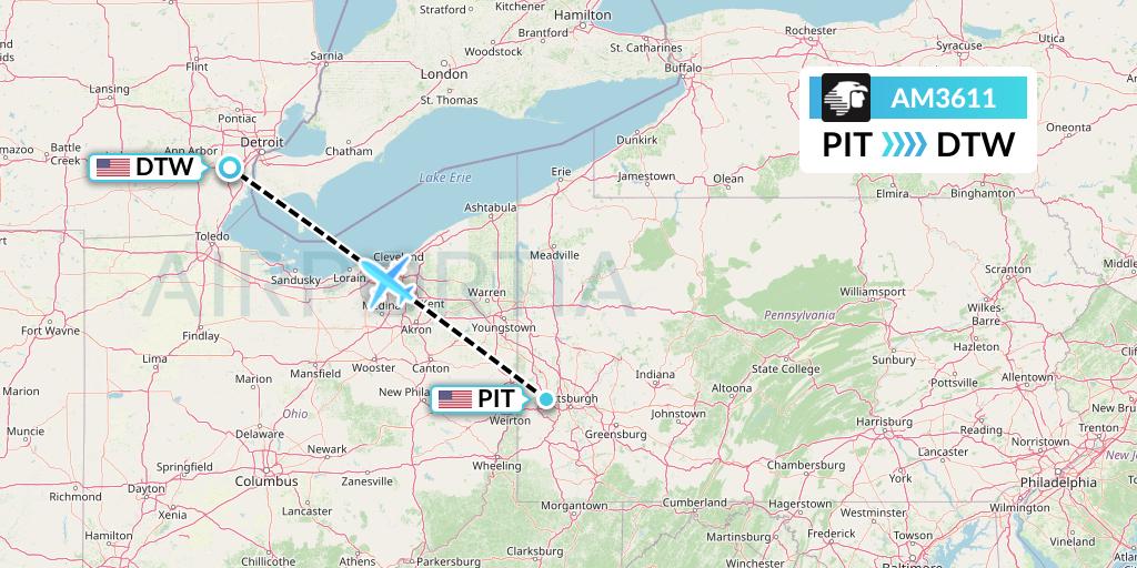AM3611 Aeromexico Flight Map: Pittsburgh to Detroit