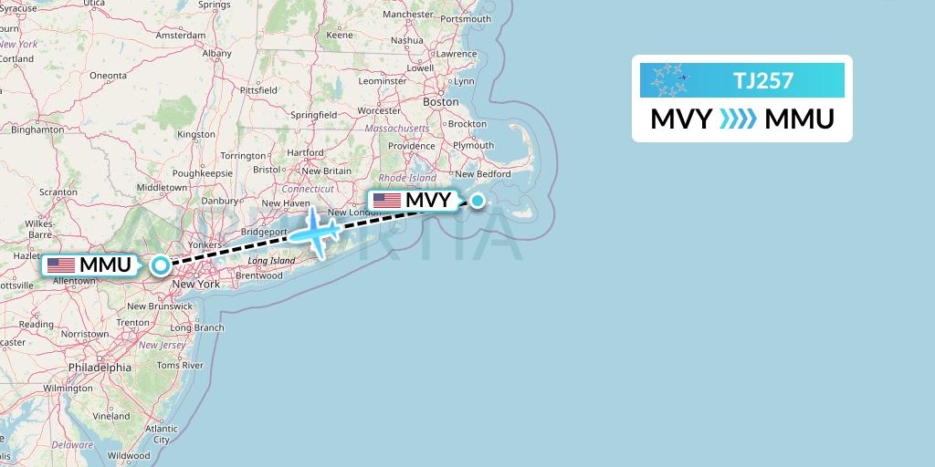 TJ257 Tradewind Aviation Flight Map: Martha's Vineyard to Morristown