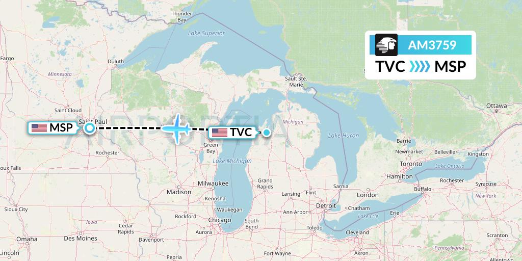 AM3759 Aeromexico Flight Map: Traverse City to Minneapolis