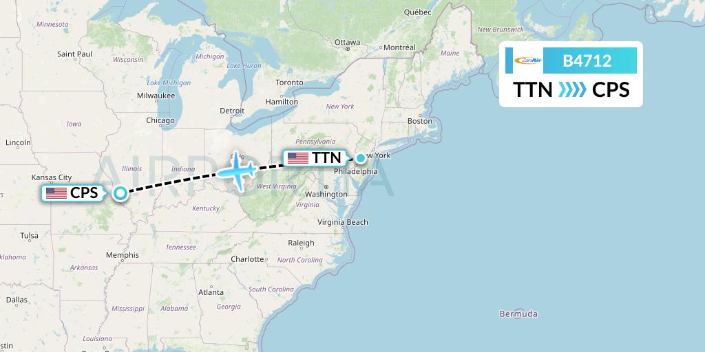 B4712 Zanair Flight Map: Trenton to St. Louis