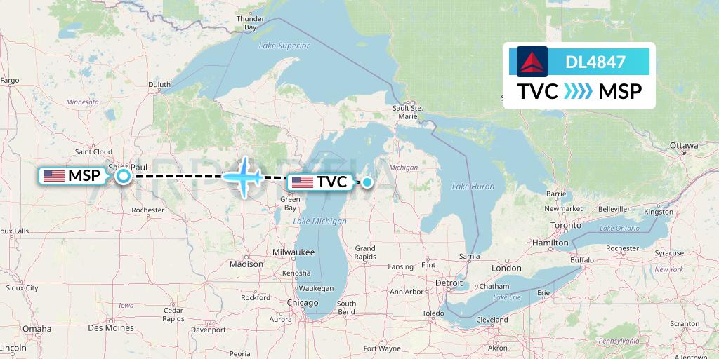 DL4847 Delta Air Lines Flight Map: Traverse City to Minneapolis