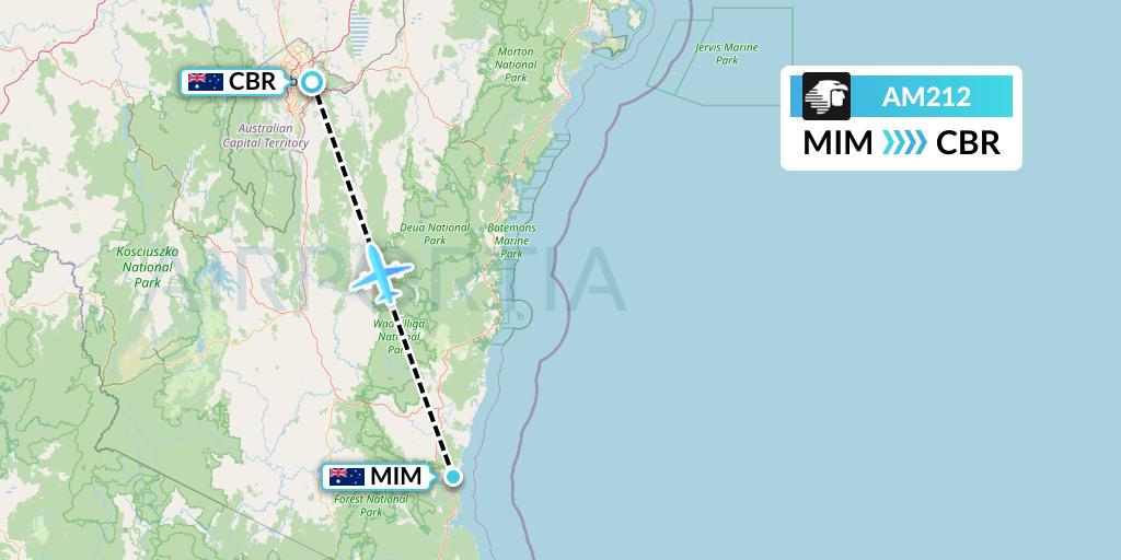 AM212 Aeromexico Flight Map: Merimbula to Canberra